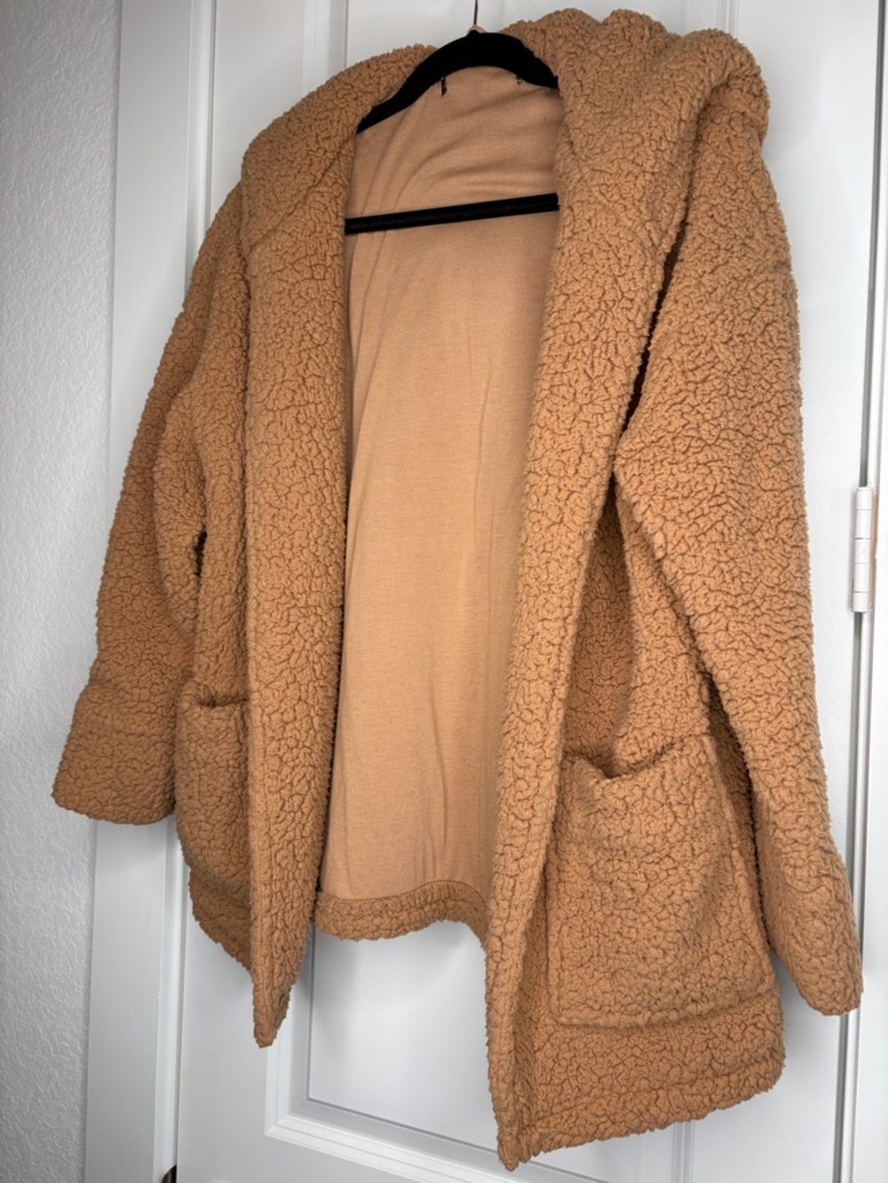 Camel Teddy Sherpa Hooded Coat Oversized Open Front Fleece Jacket Cozy - Picture 5 of 8